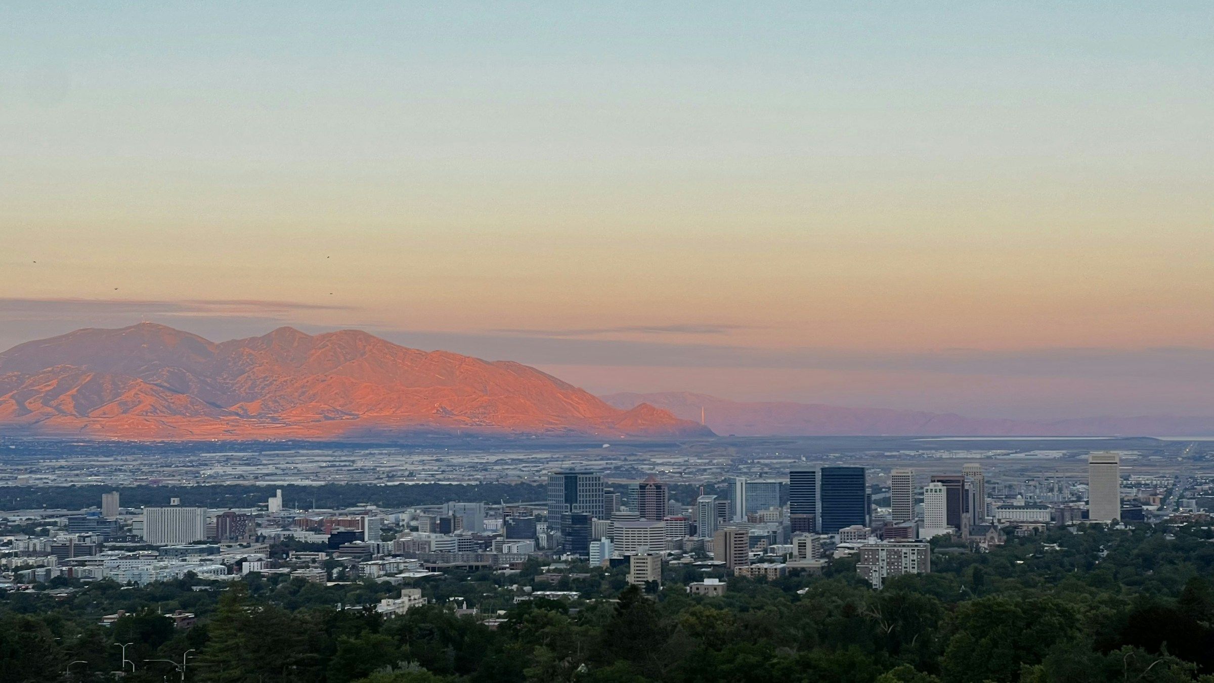 Salt Lake Valley at sunrise with the Oquirrh Mountains in the distance