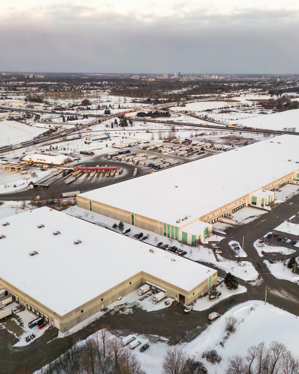 Aerial view of logistics warehouses in winter